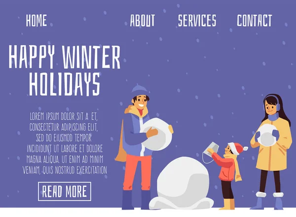 Happy winter holidays landing page per il sito web, illustrazione vettoriale del fumetto piatto — Vettoriale Stock