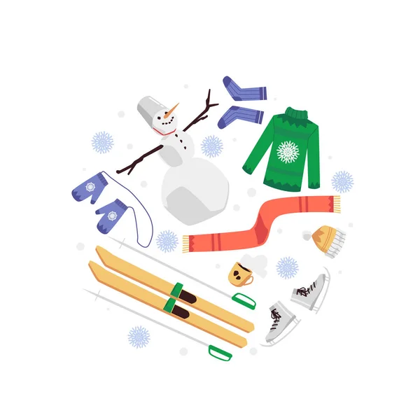 Giochi invernali e sci set di attrezzature sportive piatto vettoriale illustrazione isolato. — Vettoriale Stock