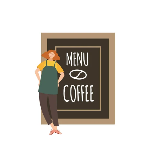 Rajzfilm barista lány áll mellett nagy kávé menü fórumon — Stock Vector