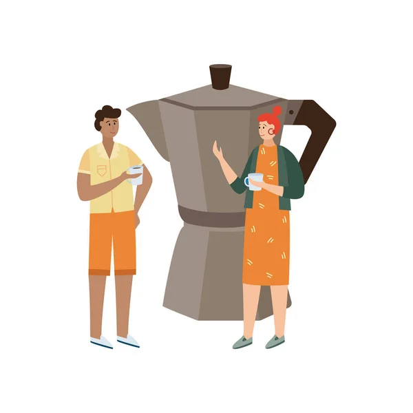 Visitantes da cafetaria com xícaras de café uma ilustração vetorial plana isolada —  Vetores de Stock