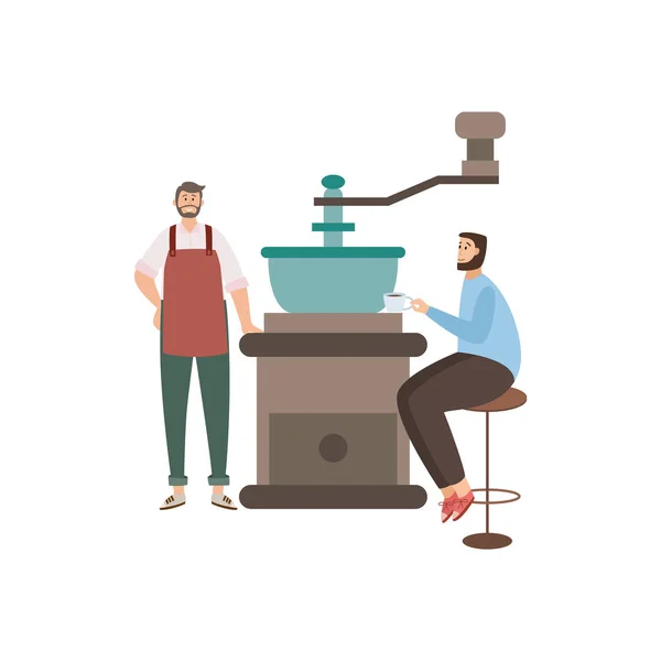 Moulin à café et les personnes minuscules - dessinateur barista et client buvant — Image vectorielle