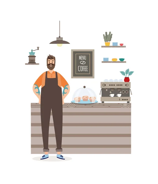 Cartoon barista w kawiarni - pracownik restauracji stoi przy ladzie — Wektor stockowy