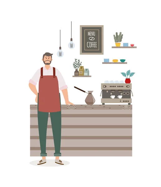 Barista lub właściciel kawiarni przed ladą, płaski wektor ilustracji. — Wektor stockowy