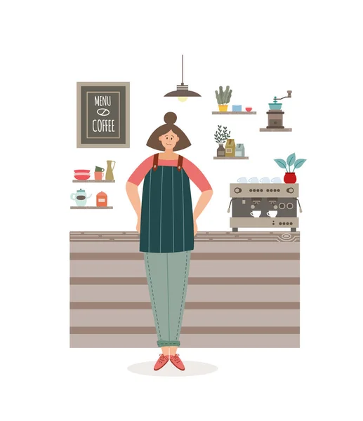Kreslená baristka u pultu kavárny. Žena v zástěře v kavárně interiér — Stockový vektor