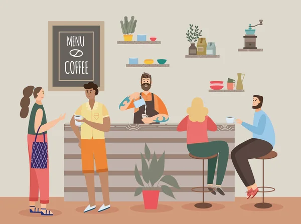 Люди в кофейне и бариста подают кофе, плоские векторные иллюстрации. — стоковый вектор
