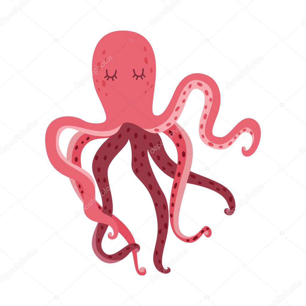 Pink cartoon octopus sleeping isolated on white background.