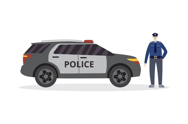 Vetor plano ilustração isolada de policial policial perto do carro da polícia. —  Vetores de Stock