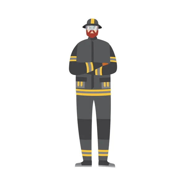 Strażak noszący mundur stojący, płaski wektor kreskówki ilustracja odizolowany — Wektor stockowy