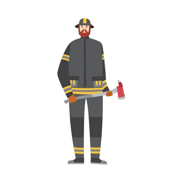Brandman eller brandman med yxa platt vektor illustration isolerad på vit. — Stock vektor
