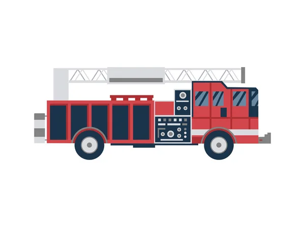 Κόκκινο πυροσβεστικό όχημα με πτυσσόμενη έξοδο κινδύνου, επίπεδη διανυσματική απεικόνιση απομονωμένη. — Διανυσματικό Αρχείο