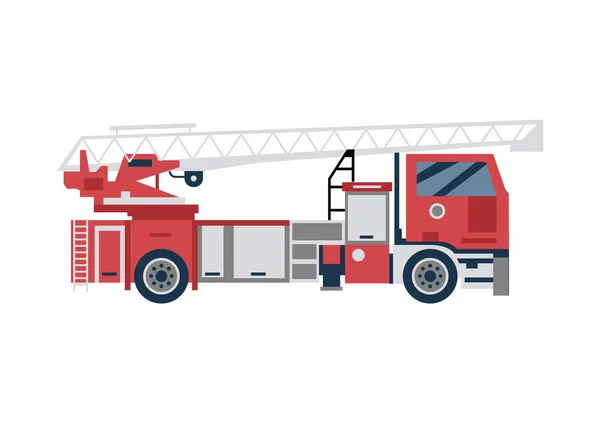 Czerwony wóz strażacki z górną drabiną wieżową, pojazd awaryjny w stylu płaskim — Wektor stockowy