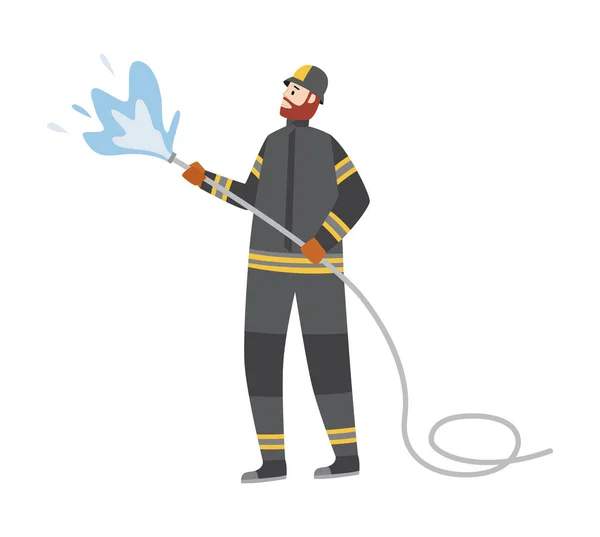 Пожарный борется с огнем водяным шлангом, плоская иллюстрация вектора мультфильма изолирована — стоковый вектор