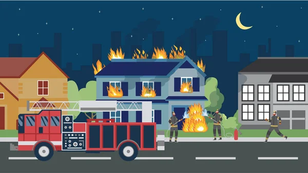 Banner με κτίρια στις φλόγες, πυροσβεστικό όχημα και πυροσβεστική υπηρεσία μια διανυσματική απεικόνιση — Διανυσματικό Αρχείο