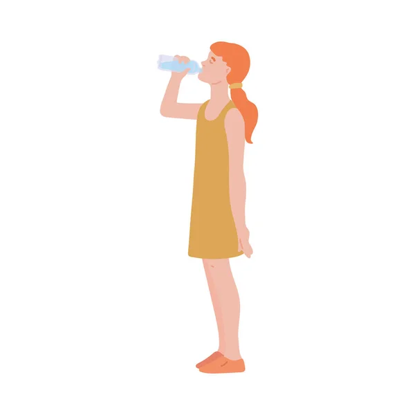 Mujer sedienta joven o niña agua potable, ilustración vectorial plana aislado. — Vector de stock