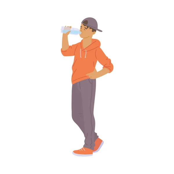 Векторні плоскі ізольовані ілюстрації хлопчика-підлітка, що п'є чисту воду з пляшки — стоковий вектор