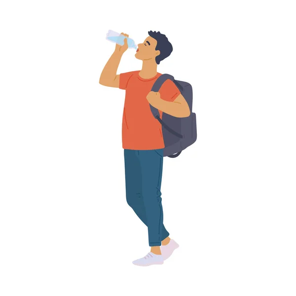 Jovem homem água potável de garrafa, desenho animado plano vetor ilustração isolado — Vetor de Stock