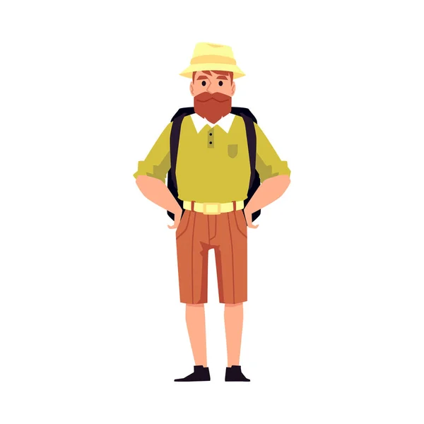 Hombre viajero o explorador en casco safari ilustración vectorial plana aislado. — Vector de stock