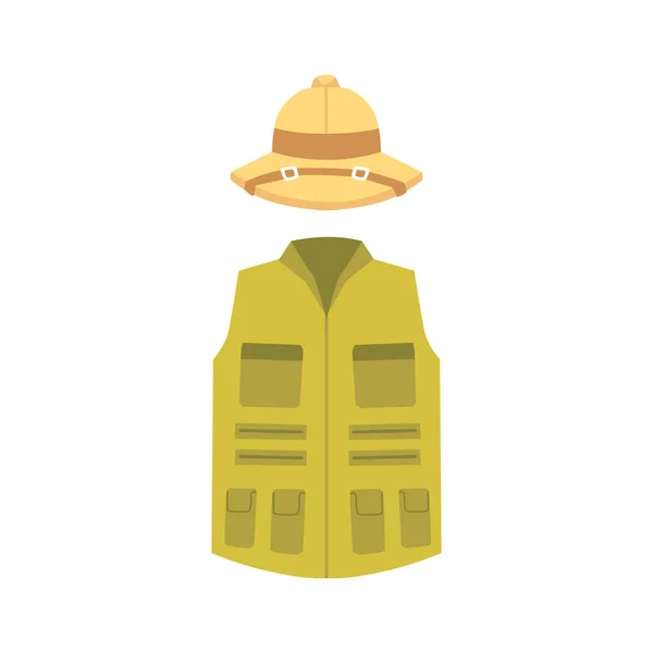 Ropa de safari de dibujos animados: sombrero de topi y chaleco verde aislados sobre fondo blanco — Archivo Imágenes Vectoriales