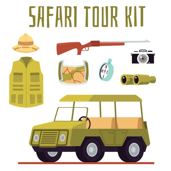 Vektorflache Illustration mit isoliertem Set für eine Safari-Tour — Stockvektor