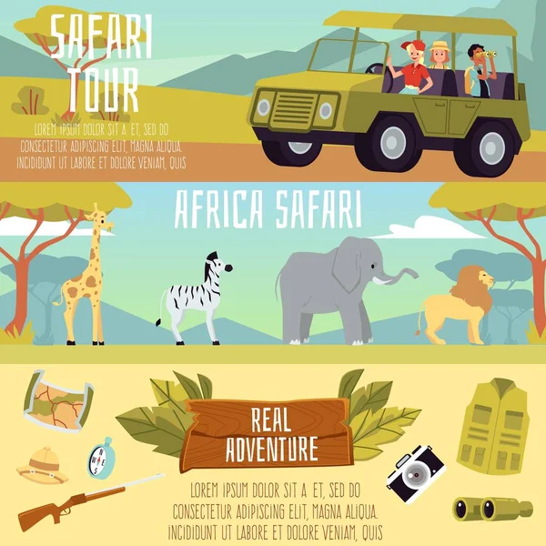 Ensemble de bannières pour safari en Afrique - personnages de dessins animés lors d'une expédition africaine — Image vectorielle