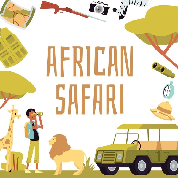 África safari tour cartel con la naturaleza, ilustración plana vector de dibujos animados — Vector de stock