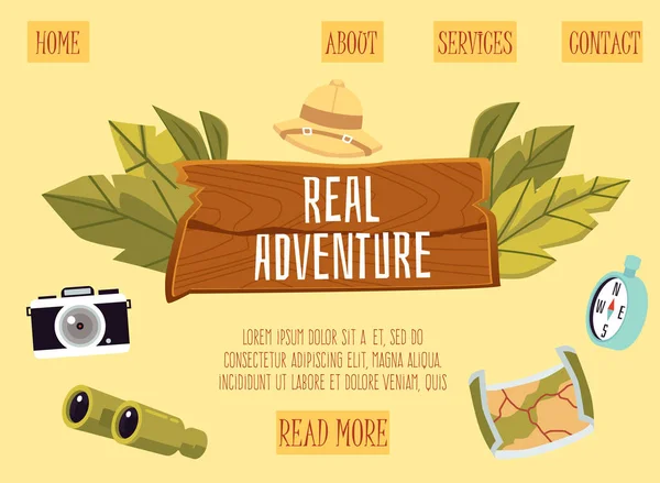 A Real adventure wood desk landing page, flat cartoon vector illustration — 스톡 벡터