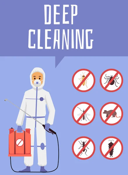 Mély tisztítás kártevőirtás szolgáltatás poszter, lapos rajzfilm vektor illusztráció — Stock Vector