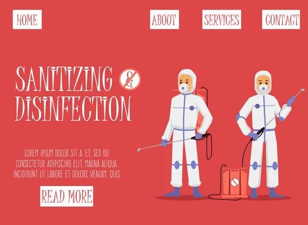 Assainissement des services de désinfection page d'accueil, illustration vectorielle de dessin animé plat — Image vectorielle