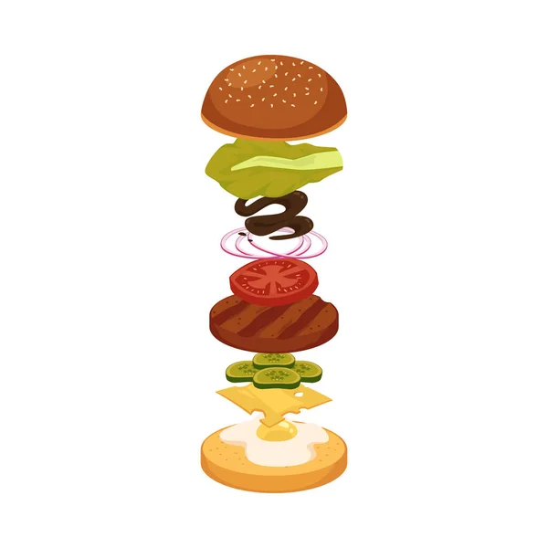 Plovoucí burger ingredience - karikatura hamburger s potravinami vrstvy létání — Stockový vektor