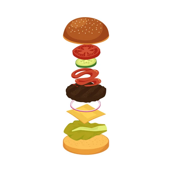 Couches de hamburger sautantes entre deux moitiés de pain, illustration vectorielle plate isolée. — Image vectorielle