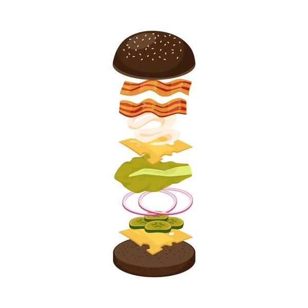 Conjunto de ingredientes para hamburguesa o hamburguesa plana vector ilustración aislado. — Vector de stock
