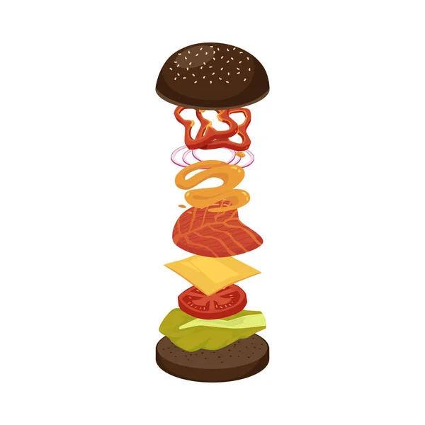 Illustrazione vettoriale piatta isolata di hamburger con ingredienti per cucinarlo — Vettoriale Stock