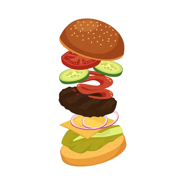 Jumping burger ingredience a reklamy ploché vektorové ilustrace izolované na bílém. — Stockový vektor