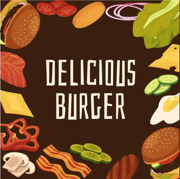Banner mit leckerem Burger-Text und flachen Vektorillustrationen für Lebensmittelzutaten. — Stockvektor
