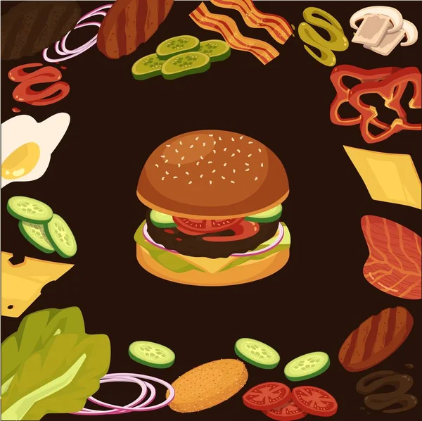 Ingredientes de hamburguesa sobre fondo negro, ilustración plana vector de dibujos animados — Archivo Imágenes Vectoriales