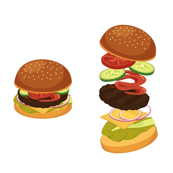 Composição de hambúrguer com ingredientes, ilustração vetorial de desenhos animados plana isolada — Vetor de Stock