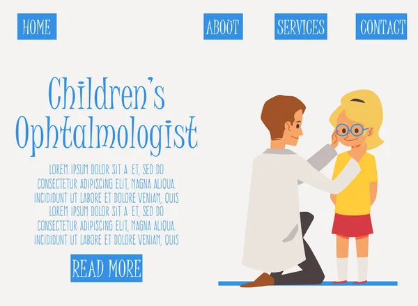 Children ophthalmologist web banner with little girl flat vector illustration. — Stock Vector