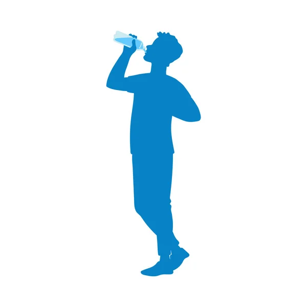 Blauw persoon silhouet drinkwater, platte cartoon vector illustratie geïsoleerd — Stockvector