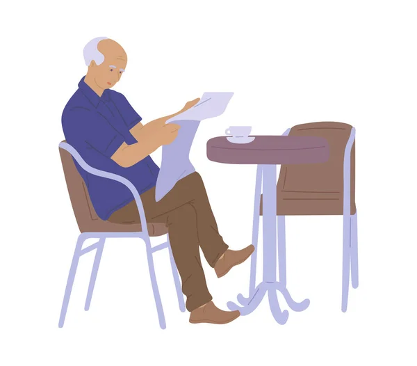 Elderly man in street cafe reading newspaper sketch vector illustration isolated. — Stock Vector