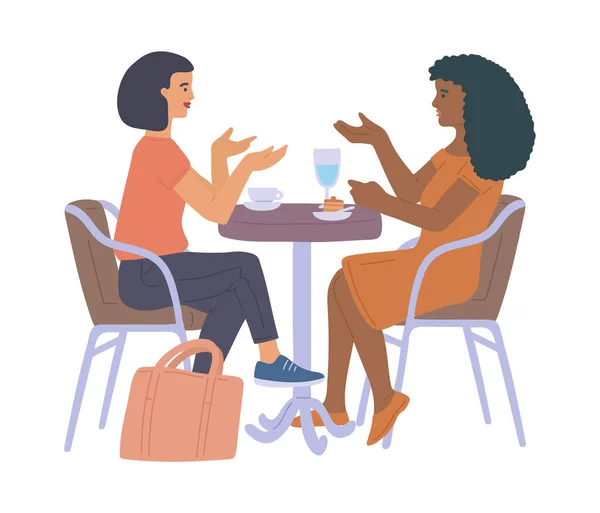Due amiche donne a un tavolo in strada caffè piatto vettore illustrazione isolato. — Vettoriale Stock