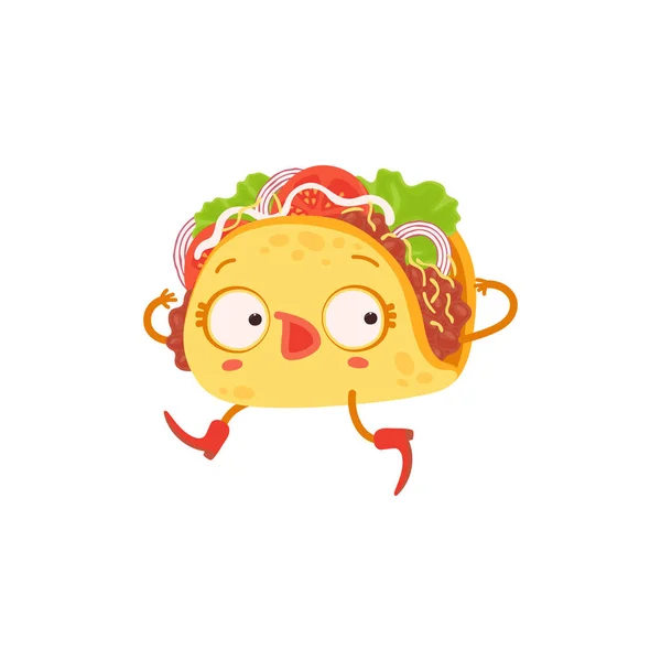 Χαριτωμένο μασκότ του μεξικάνικου χαρακτήρα κινουμένων σχεδίων taco επίπεδη διανυσματική απεικόνιση απομονωμένη. — Διανυσματικό Αρχείο