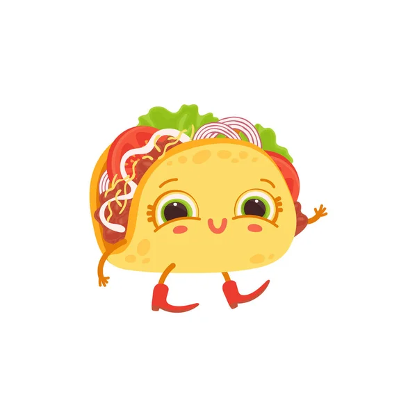 Taco πιάτο χαρακτήρα κινουμένων σχεδίων με παιδιάστικο πρόσωπο επίπεδη διανυσματική απεικόνιση απομονωμένη. — Διανυσματικό Αρχείο