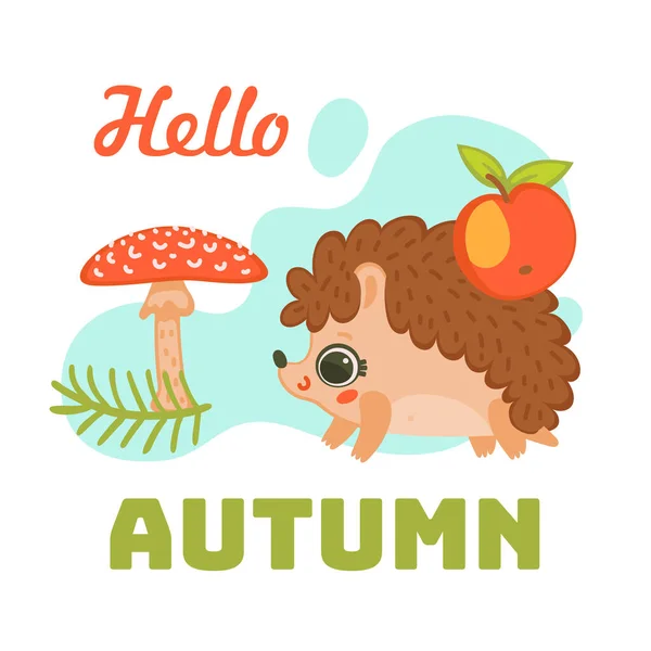 Hola tarjeta de otoño con erizo divertido llevando manzana plana vector ilustración. — Archivo Imágenes Vectoriales