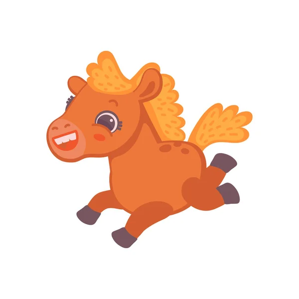 Barnslig brun ponny häst tecknad karaktär, platt vektor illustration isolerad. — Stock vektor