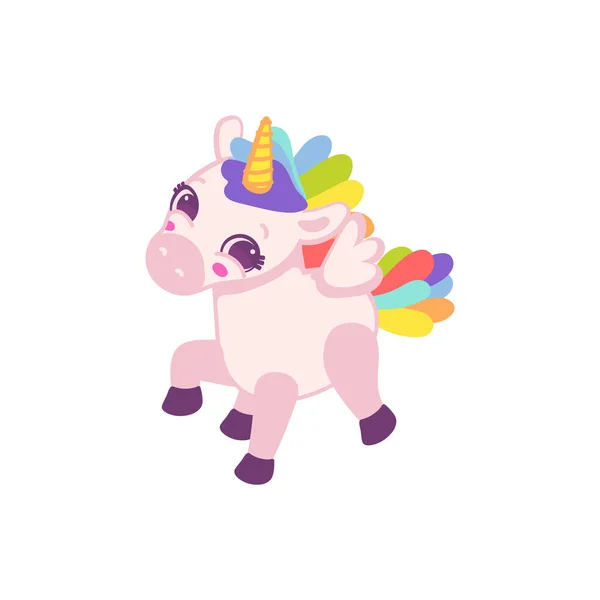 Funny magic baby unicorn with rainbow mane flat vector illustration isolated. - Stok Vektor