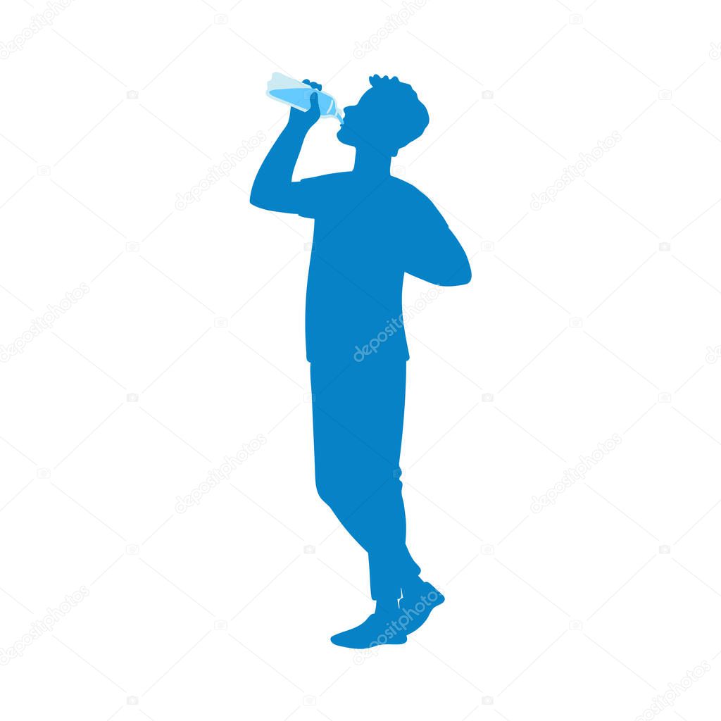 Blue person silhouette drinking water, flat cartoon vector illustration isolated