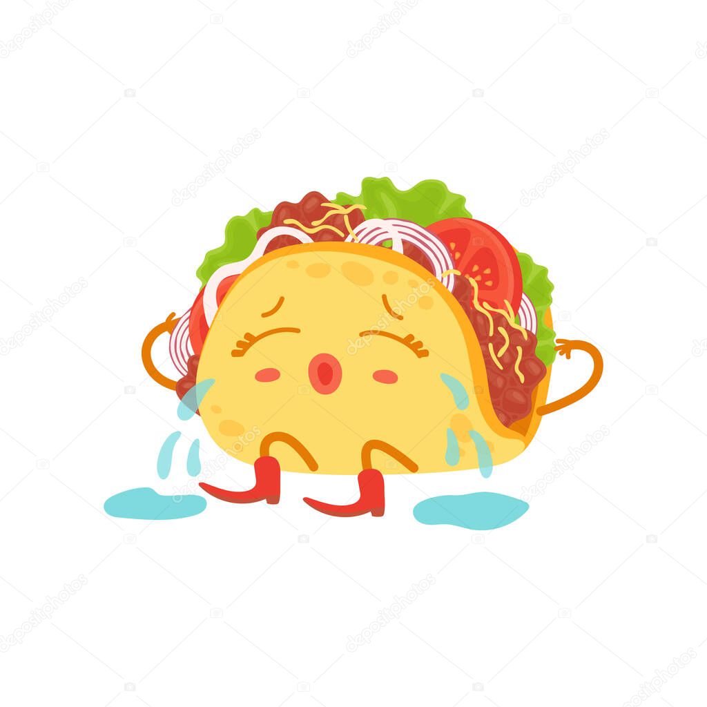 Taco character sitting and crying, flat cartoon vector illustration isolated