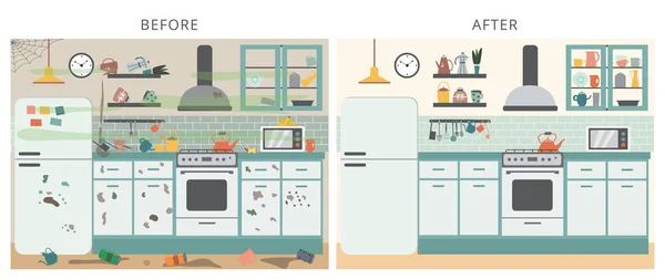 Ilustración vectorial plana del interior de la cocina antes y después de la limpieza — Vector de stock