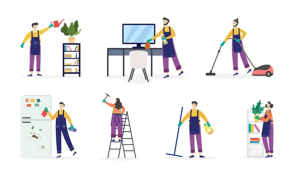 Men and women busy with domestic chores, flat vector illustration isolated. — Stock Vector