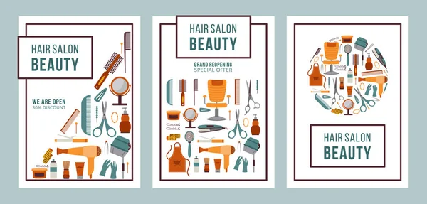 Set kort för frisör salong med frisörer verktyg, platt vektor illustration. — Stock vektor